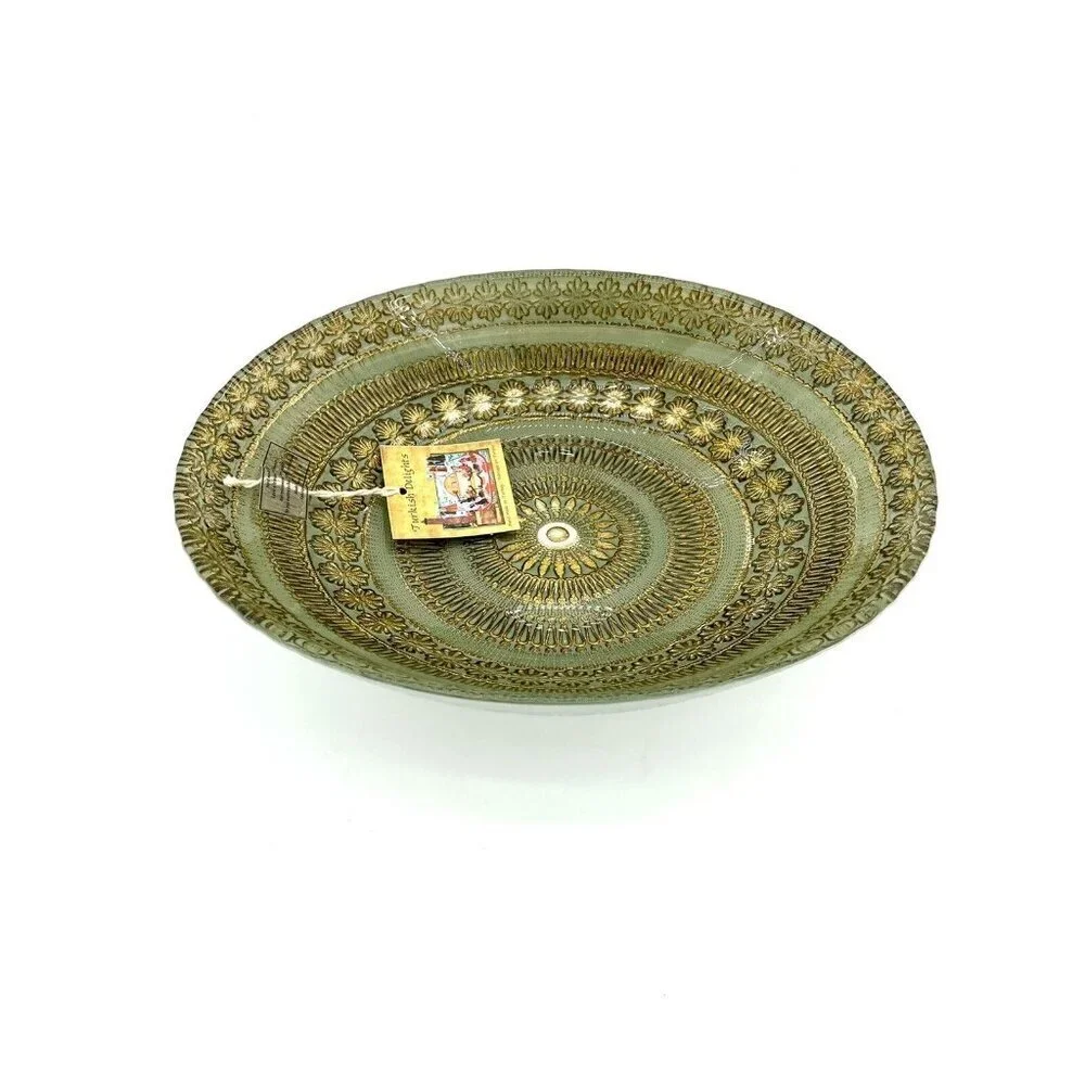 Turkish Delights Glass Oval Bowl Serving Salad Dinner Green Gold Handmade NWT